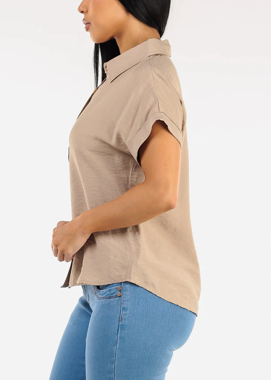 Short Sleeve Button Down Lightweight Blouse Khaki sold by Moda product image thumbnail 3
