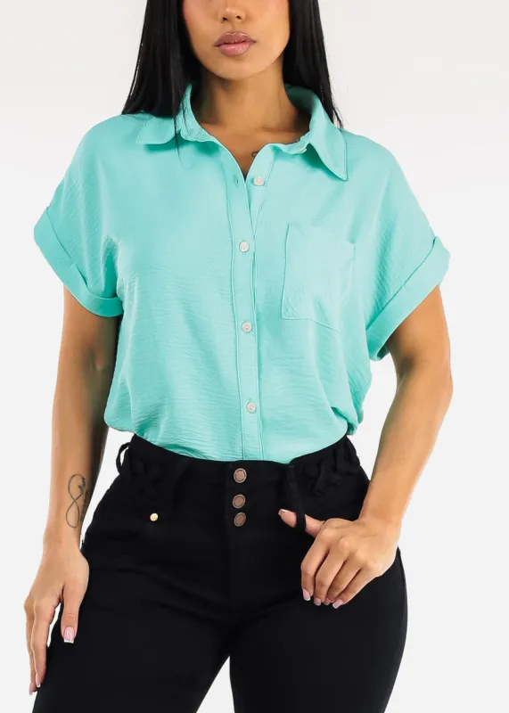 Short Sleeve Button Down Lightweight Blouse Mint made by Moda