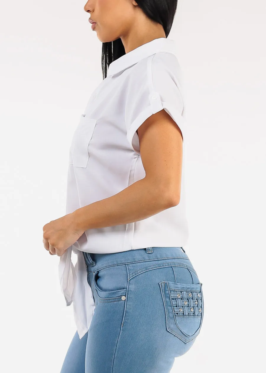 Short Sleeve Button Down Tie Front Blouse White sold by Moda product image thumbnail 3