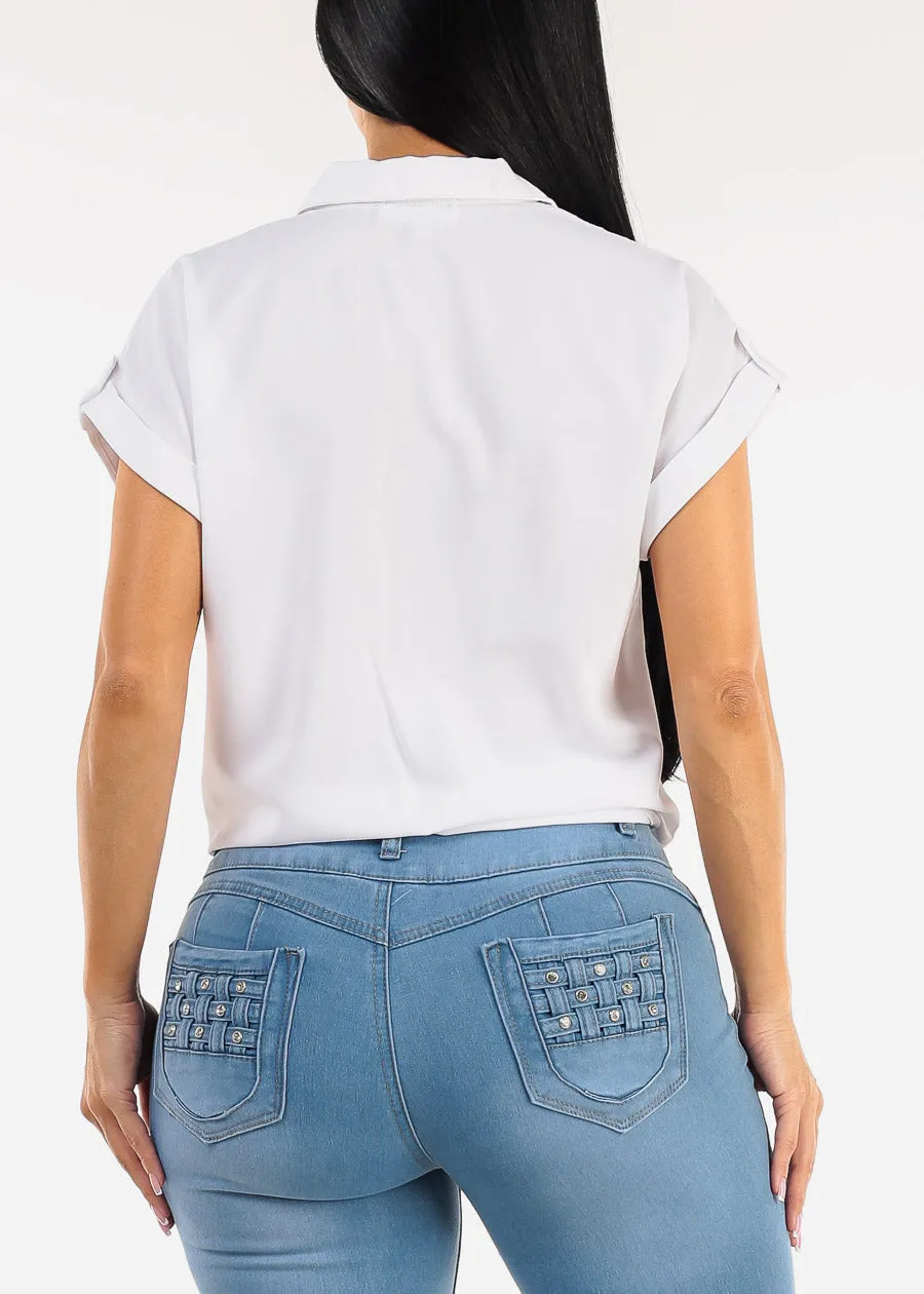 Short Sleeve Button Down Tie Front Blouse White sold by Moda product image thumbnail 4