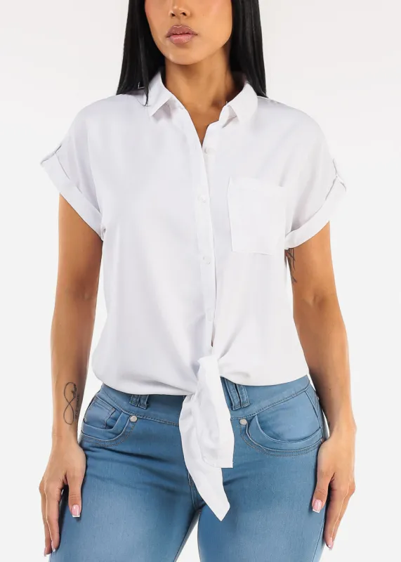 Short Sleeve Button Down Tie Front Blouse White made by Moda