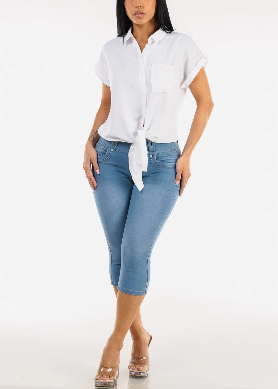 Short Sleeve Button Down Tie Front Blouse White sold by Moda product image thumbnail 2
