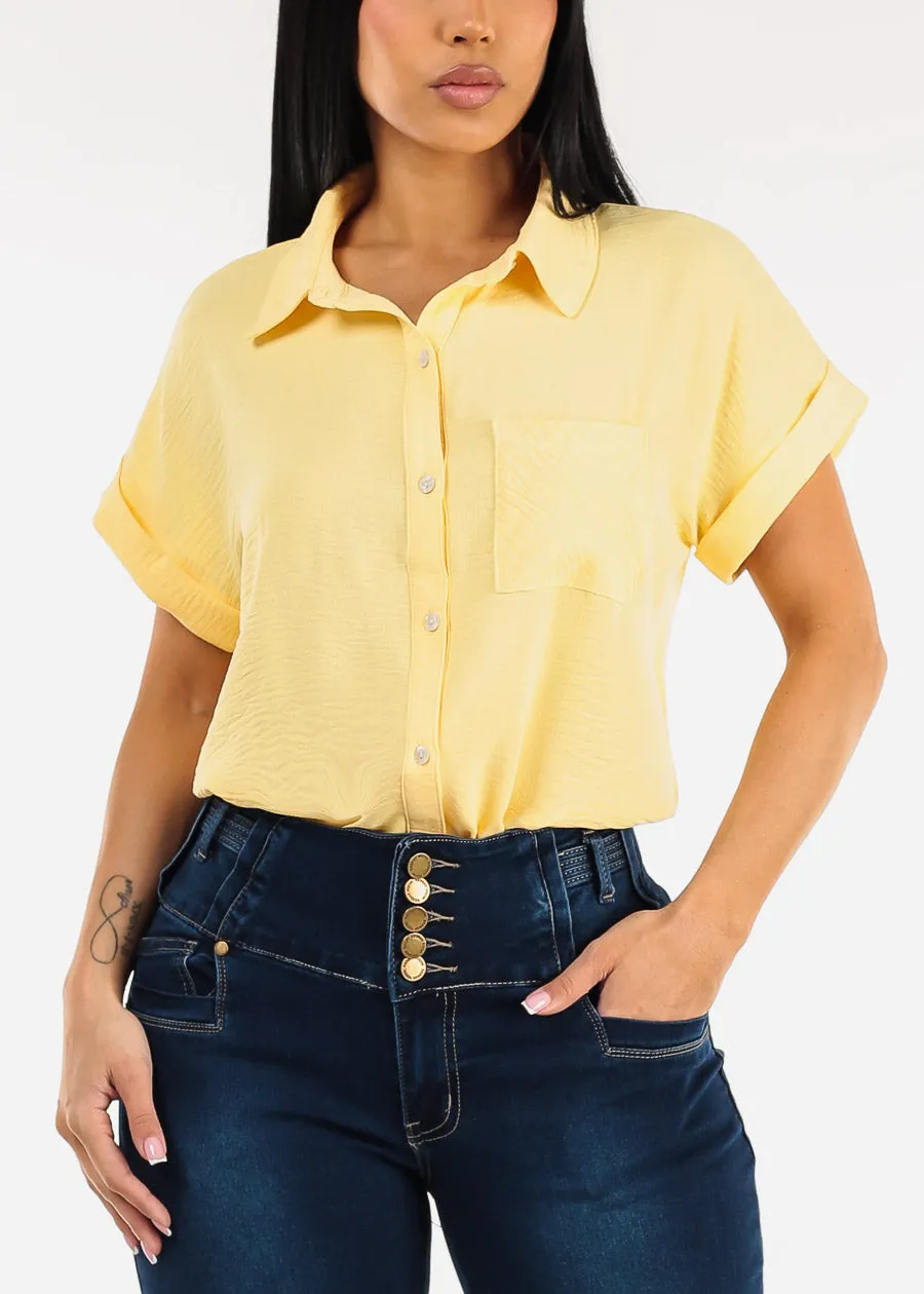 Short Sleeve Button Down Lightweight Blouse Yellow sold by Moda