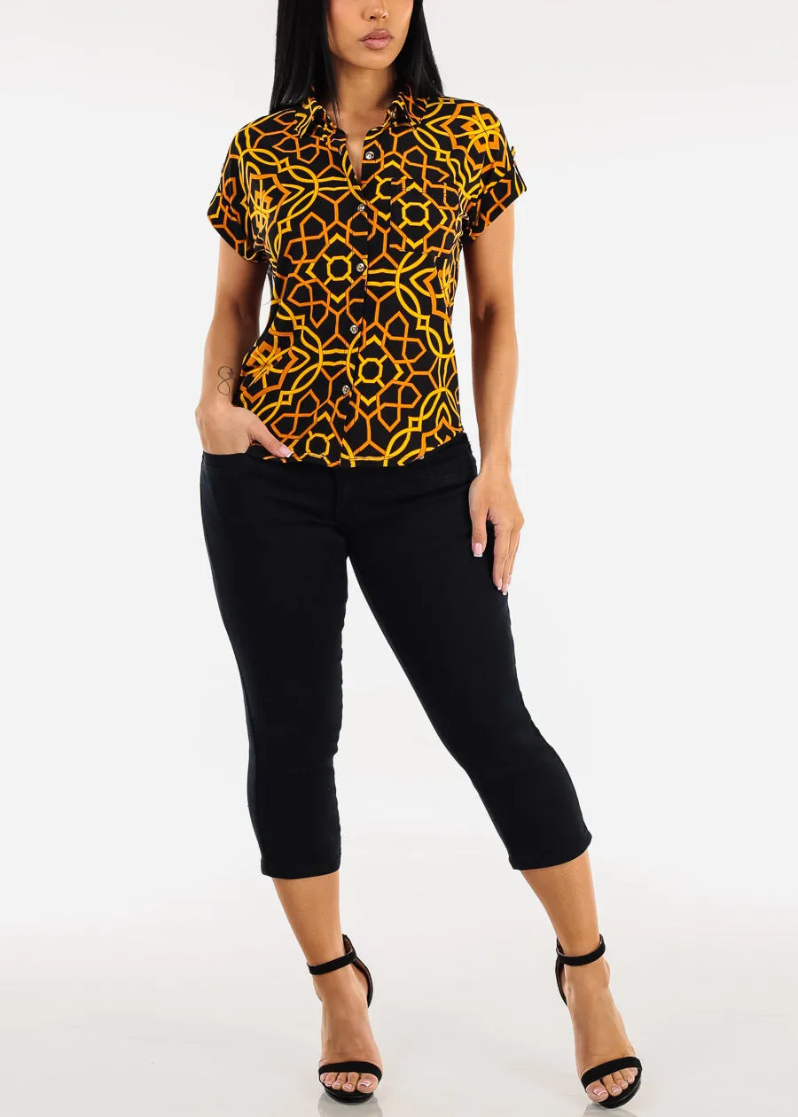 Short Sleeve Button Down Printed Stretch Blouse Black sold by Moda product image thumbnail 2