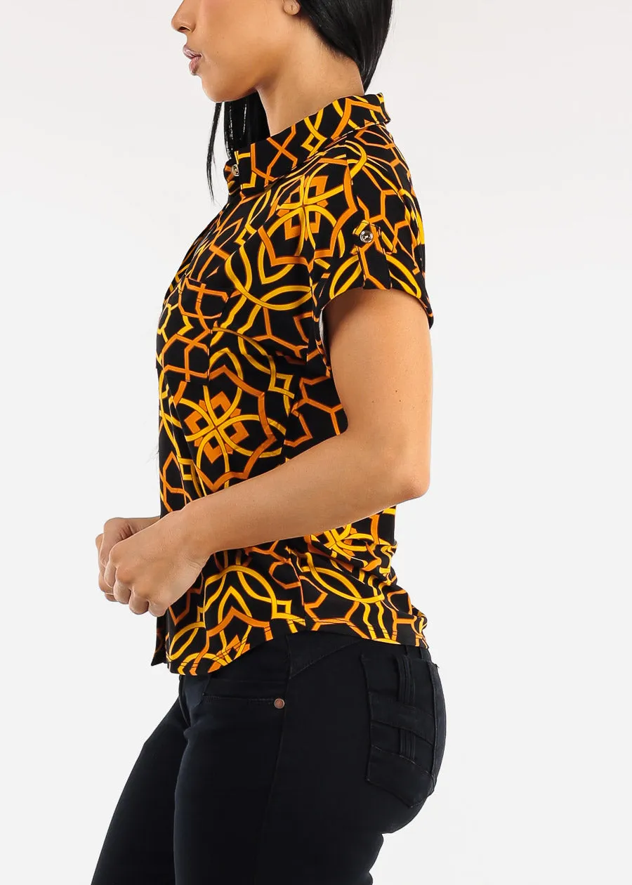 Short Sleeve Button Down Printed Stretch Blouse Black sold by Moda product image thumbnail 3