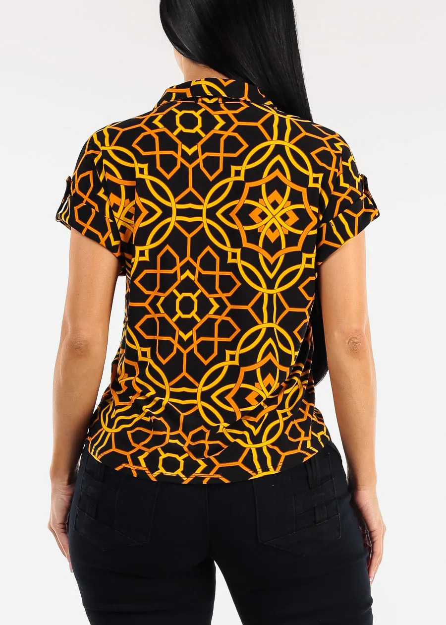 Short Sleeve Button Down Printed Stretch Blouse Black sold by Moda product image thumbnail 4