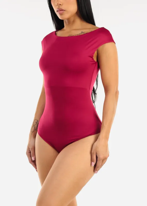 Short Cap Sleeve Boat Neckline Stretch Bodysuit Berry made by Active Basic