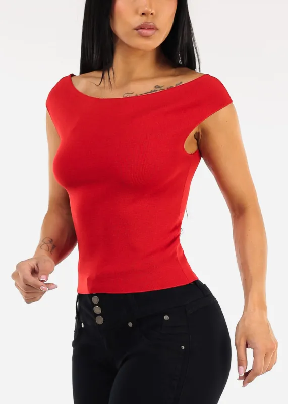Stretch Cap Sleeve Boat Neckline Sweater Top Red made by Active Basic