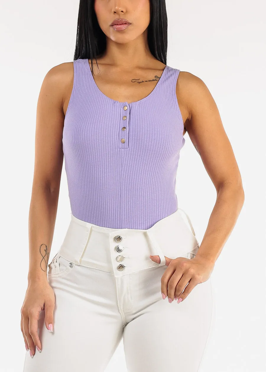 Henley Sleeveless Ribbed Stretch Bodysuit Light Purple sold by Moda product image thumbnail 5