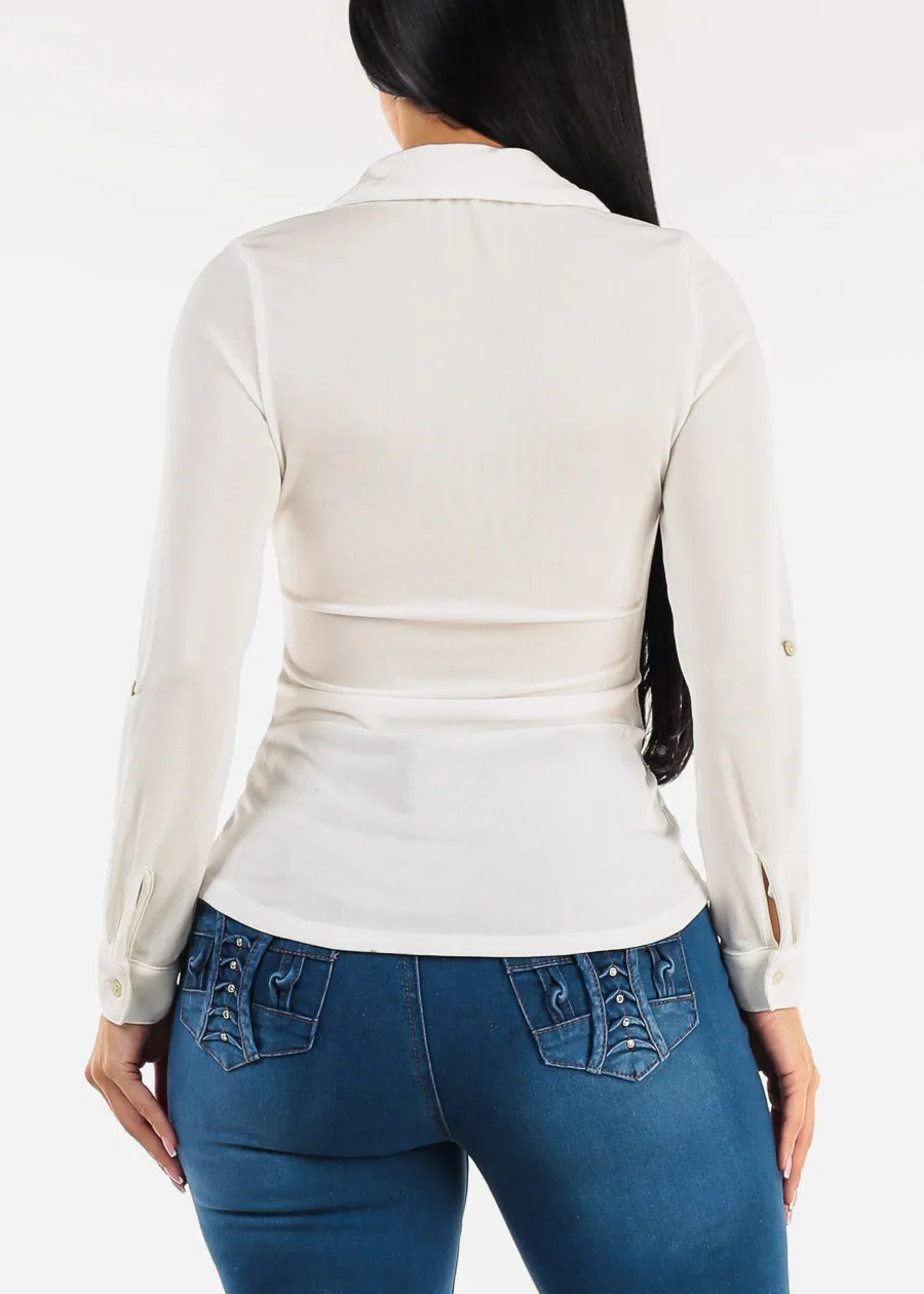 Stretch Long Sleeve Button Down Collared Blouse Ivory sold by Moda product image thumbnail 4