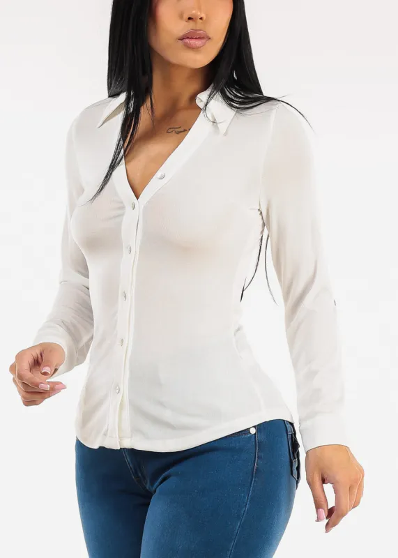 Stretch Long Sleeve Button Down Collared Blouse Ivory made by Moda
