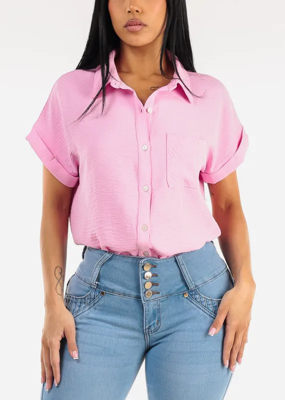 Short Sleeve Button Down Lightweight Blouse Pink made by Moda