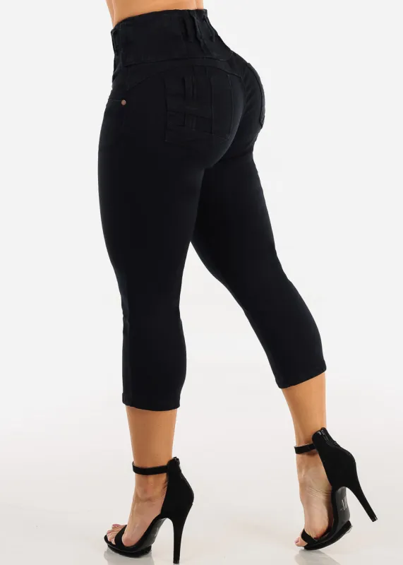 MX JEANS Butt Lift High Waist Black Stretch Denim Capris made by Moda
