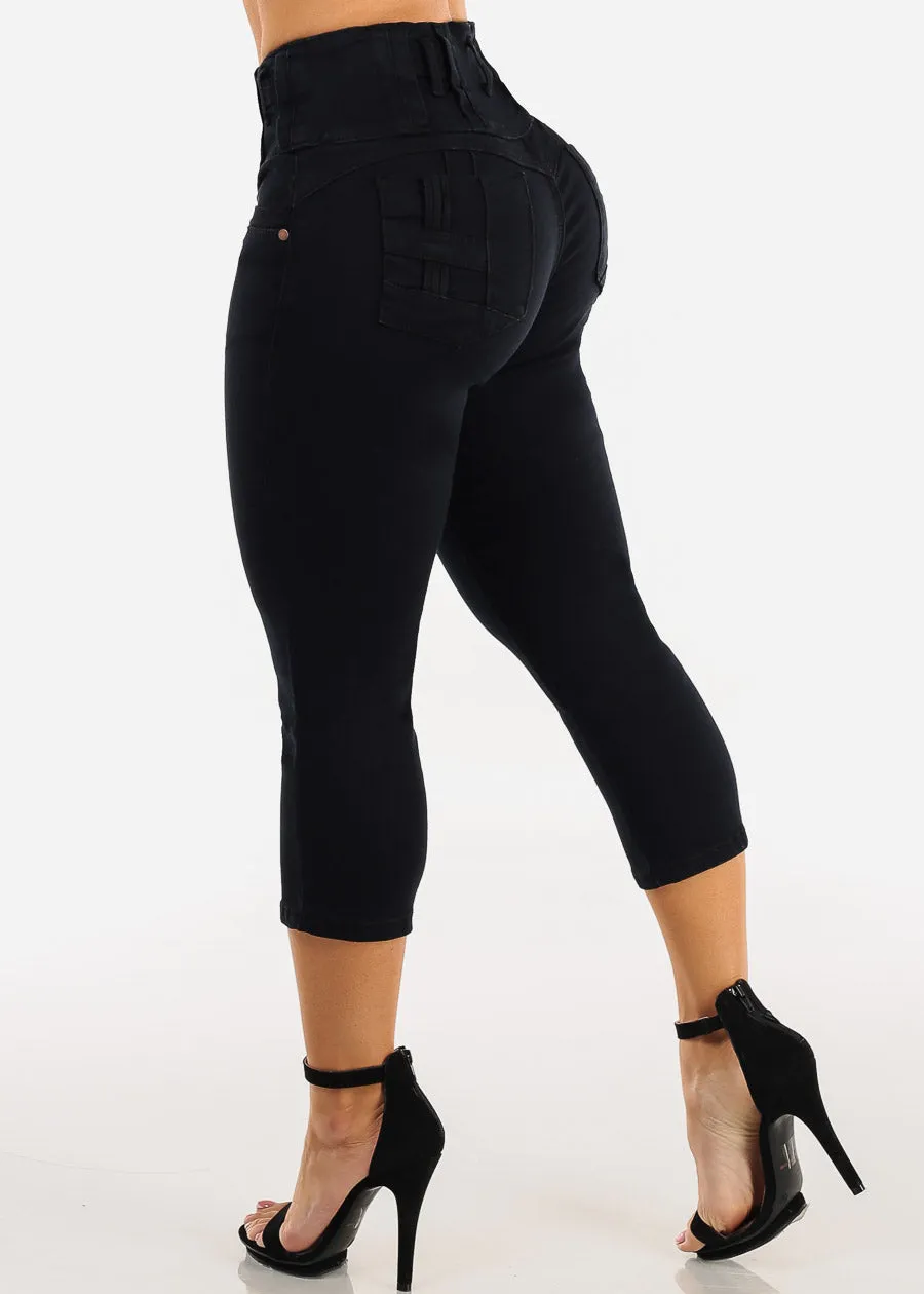MX JEANS Butt Lift High Waist Black Stretch Denim Capris sold by Moda