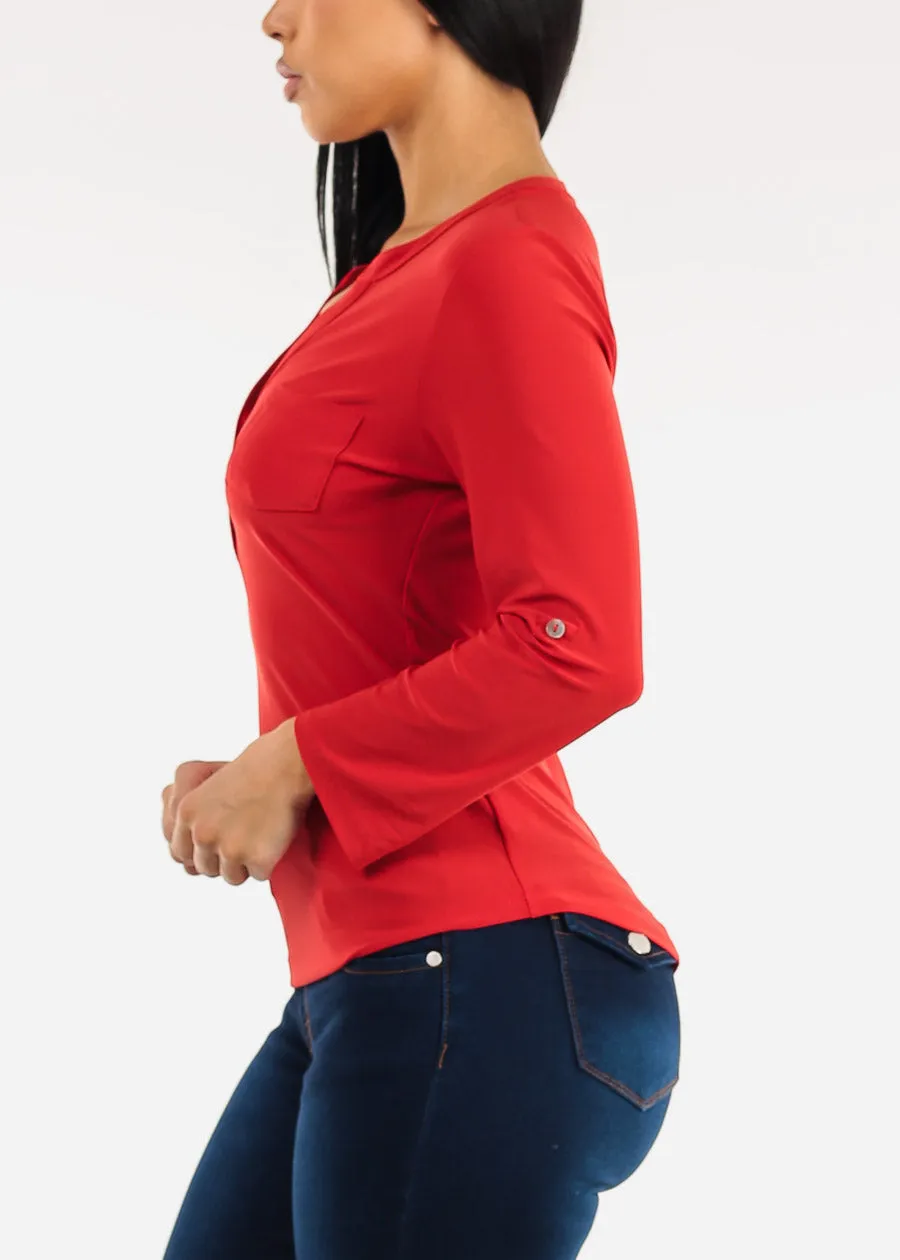 Long Sleeve Stretchy Henley Blouse Red sold by Moda product image thumbnail 3