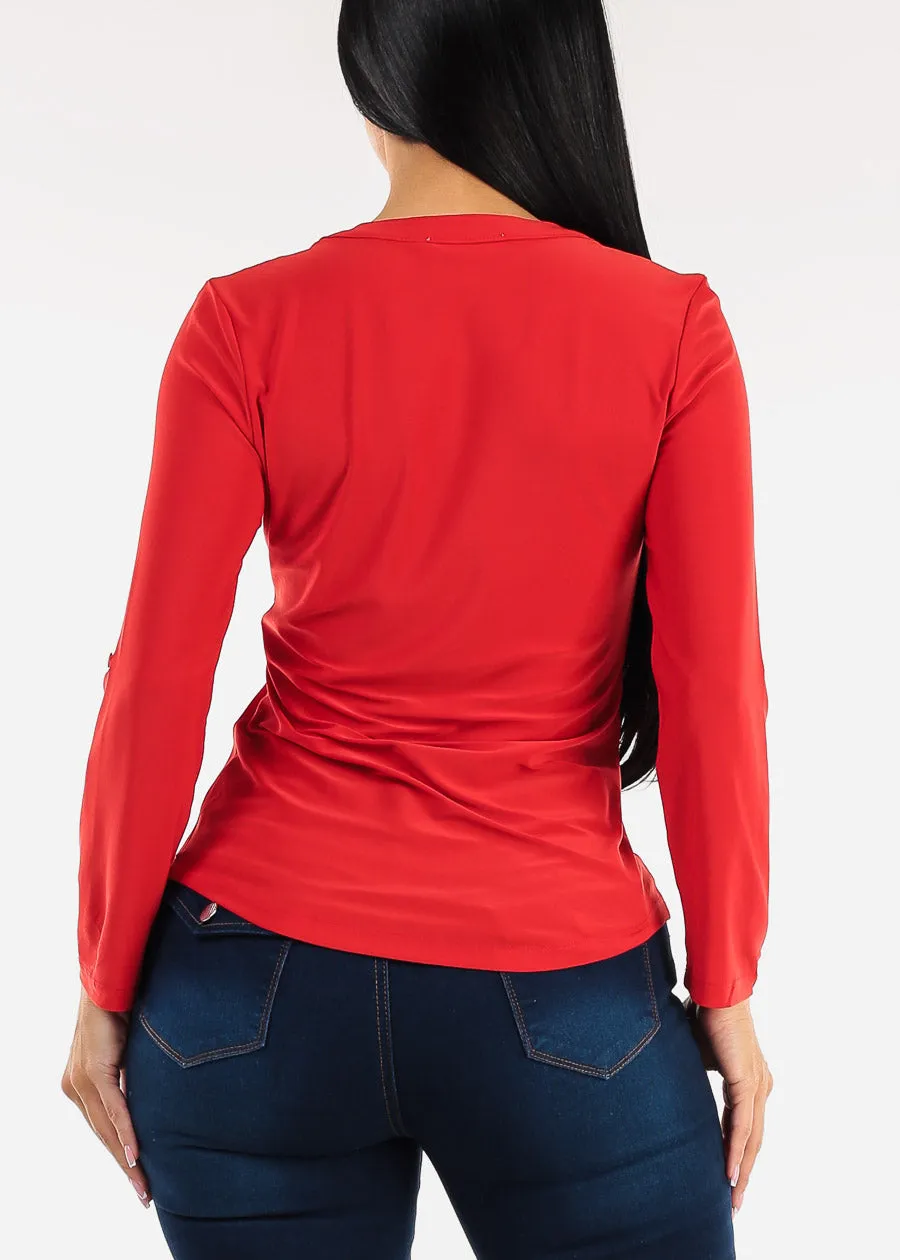 Long Sleeve Stretchy Henley Blouse Red sold by Moda product image thumbnail 4