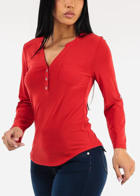 Long Sleeve Stretchy Henley Blouse Red made by Moda