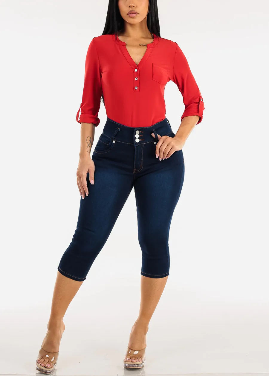 Long Sleeve Stretchy Henley Blouse Red sold by Moda product image thumbnail 2