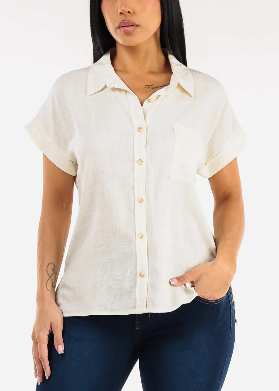 Short Sleeve Button Down Collared Blouse Off White sold by Moda