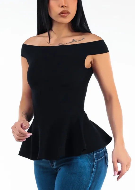 Off Shoulder Peplum Sweater Top Black made by Active Basic