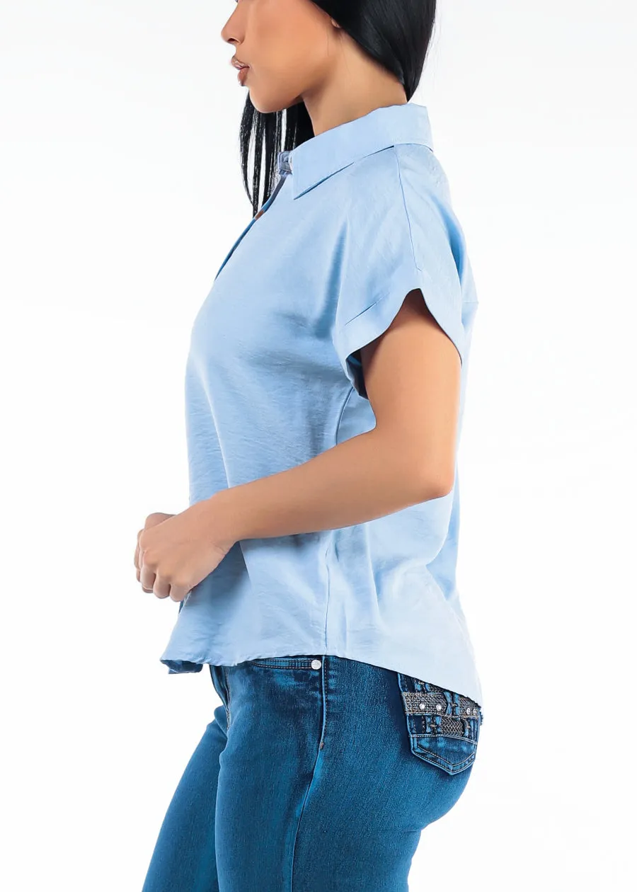 Short Sleeve Button Down Lightweight Blouse Light Blue sold by Moda product image thumbnail 3