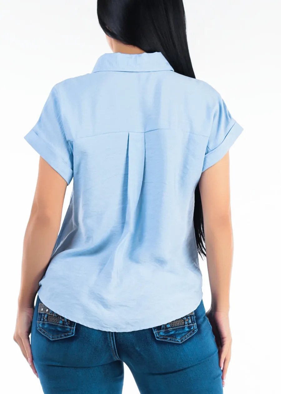 Short Sleeve Button Down Lightweight Blouse Light Blue sold by Moda product image thumbnail 4