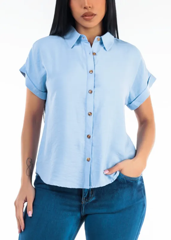 Short Sleeve Button Down Lightweight Blouse Light Blue made by Active Basic