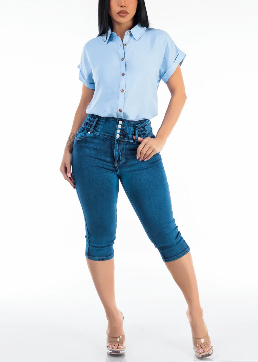Short Sleeve Button Down Lightweight Blouse Light Blue sold by Moda product image thumbnail 2