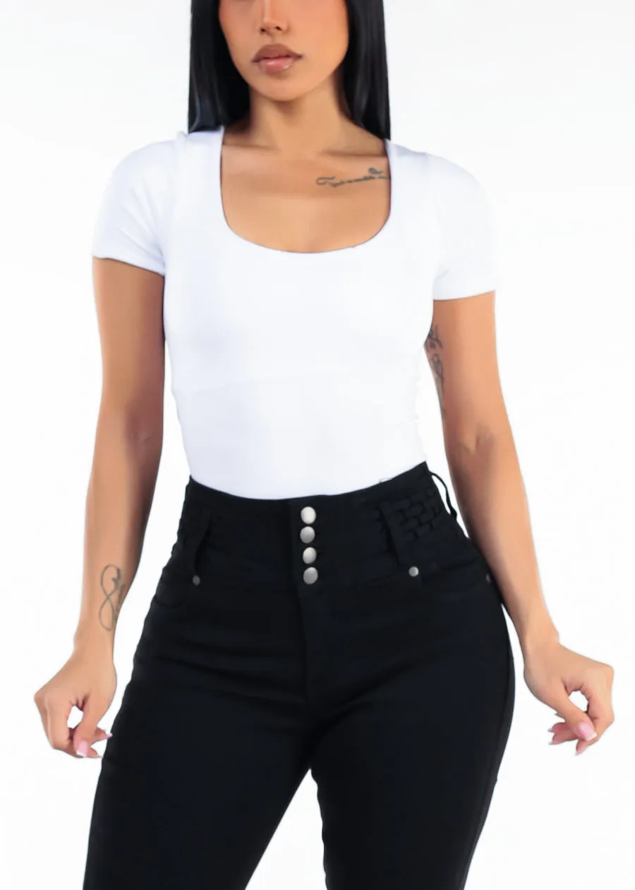 White Short Sleeve Scoop Neck Stretch Bodysuit sold by Moda product image thumbnail 5