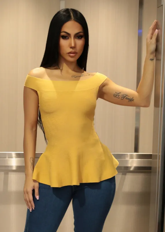 Off Shoulder Peplum Sweater Top Yellow made by Active Basic