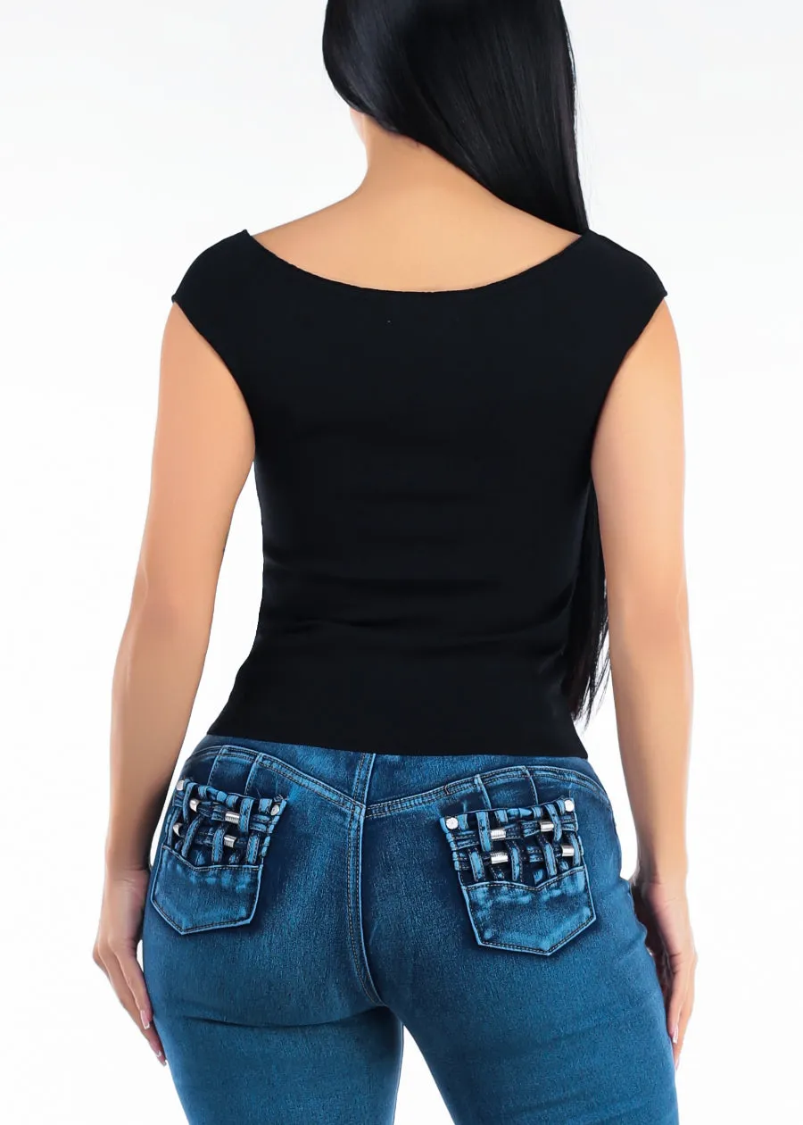 Stretch Cap Sleeve Boat Neckline Sweater Top Black sold by Moda product image thumbnail 4