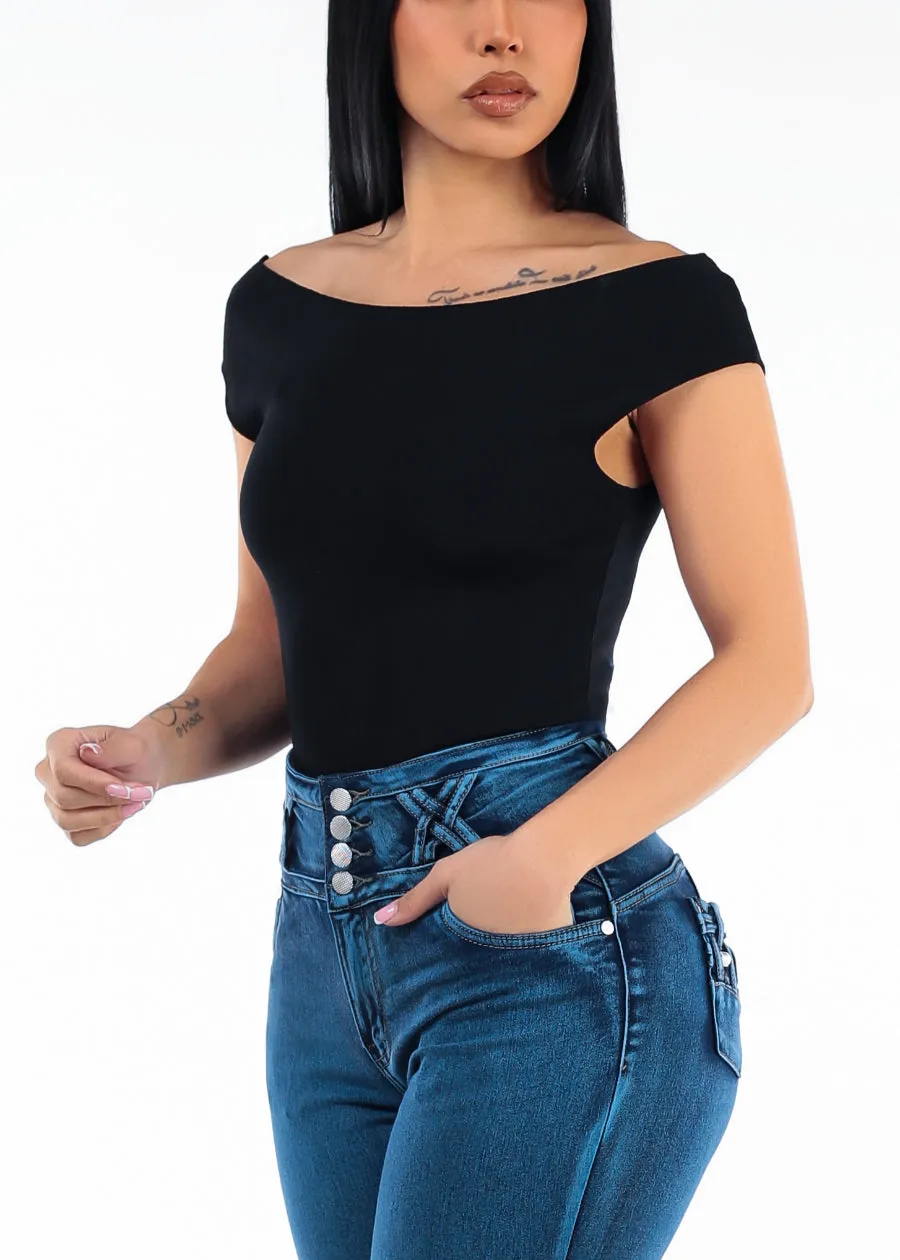 Stretch Cap Sleeve Boat Neckline Sweater Top Black sold by Moda