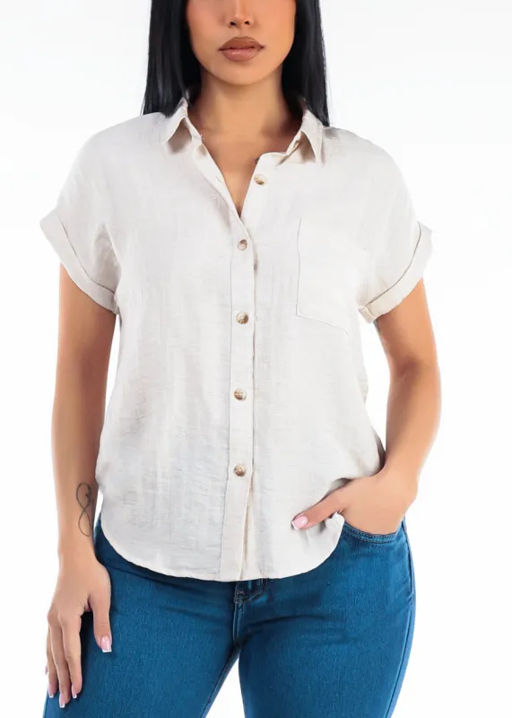 Cuffed Short Sleeve Button Up Collared Blouse Oatmeal made by Blu Pepper