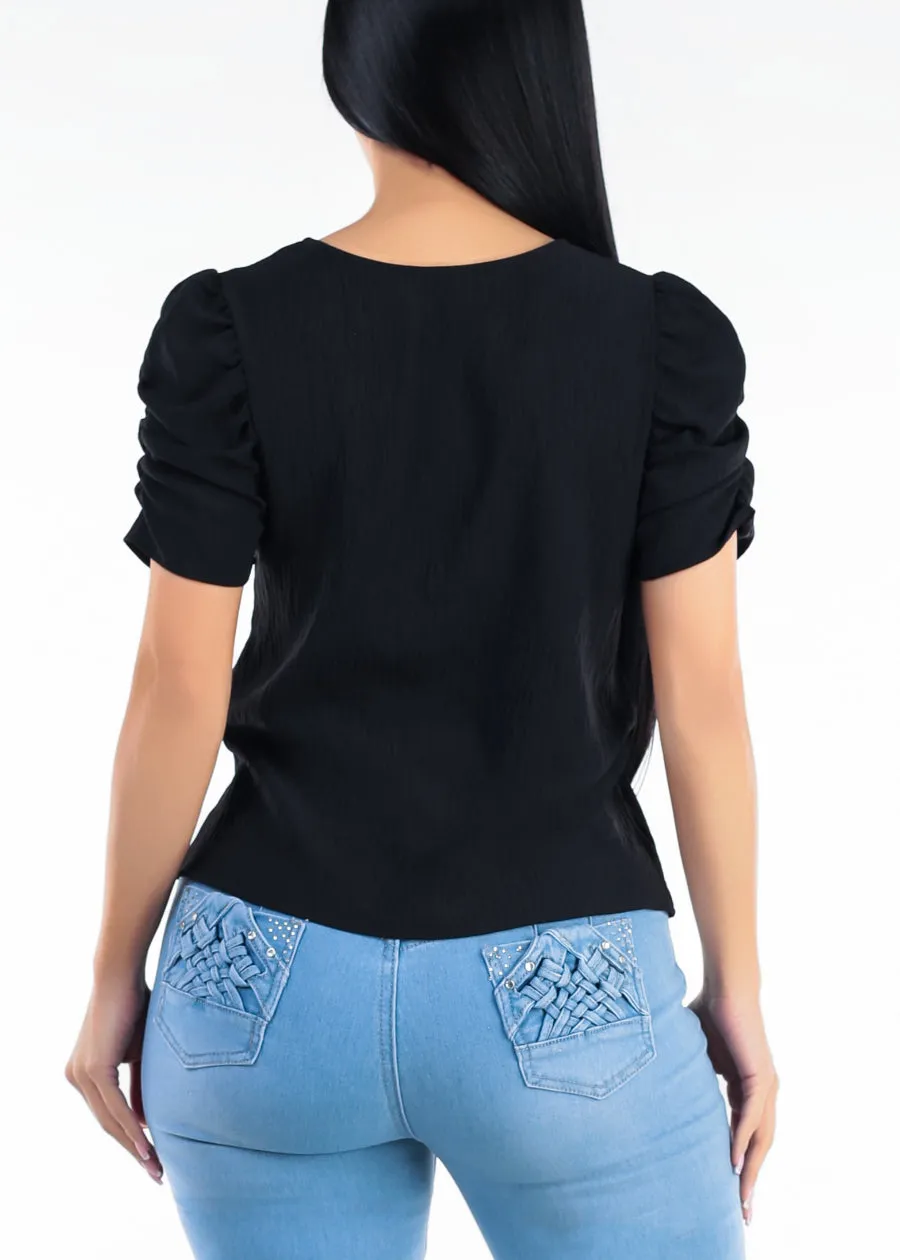 Short Puff Sleeve Round Neck Lightweight Blouse Black sold by Moda product image thumbnail 4