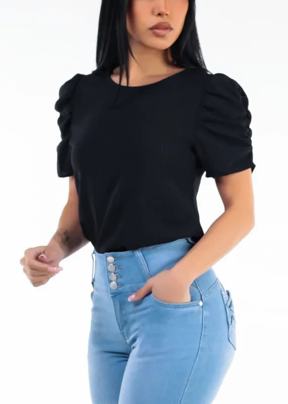 Short Puff Sleeve Round Neck Lightweight Blouse Black made by Moda