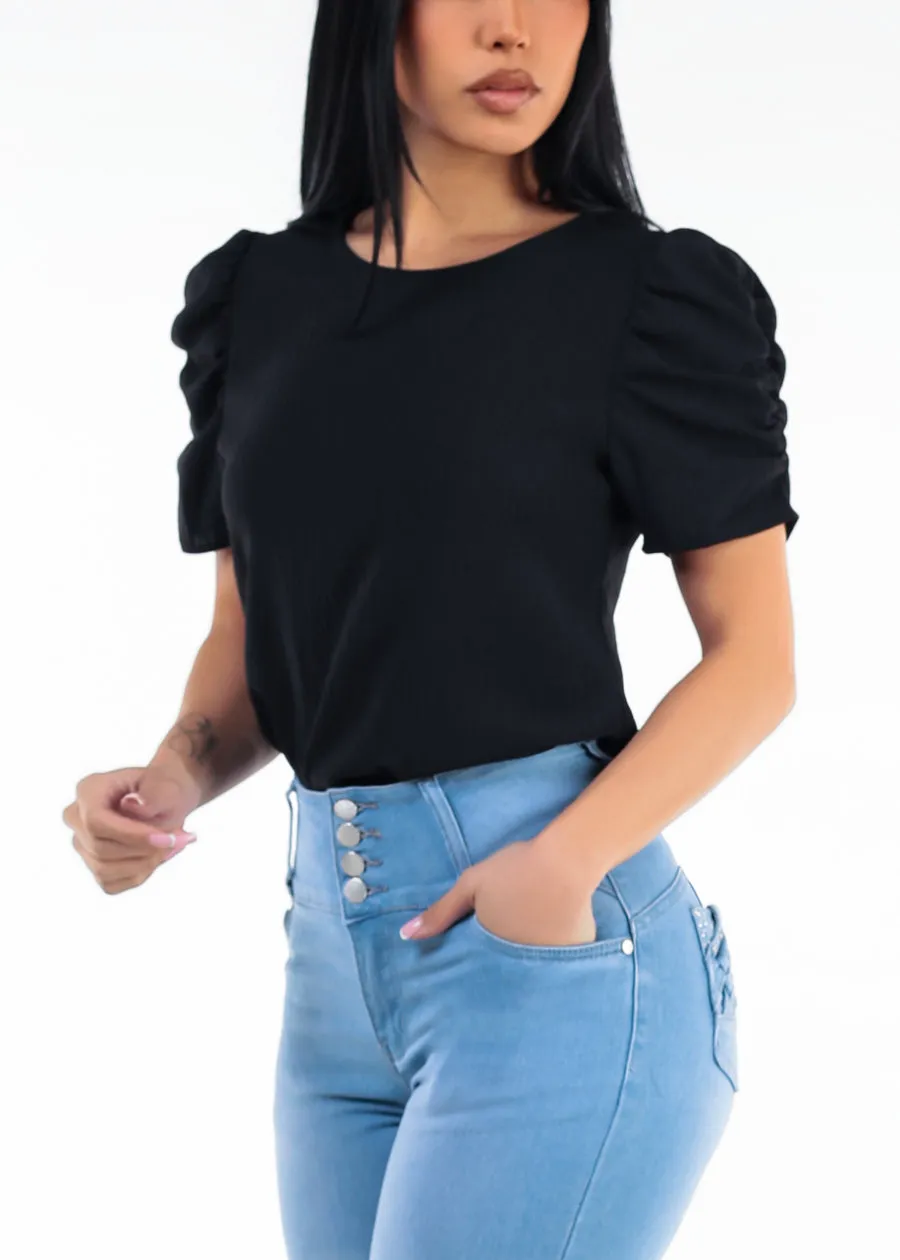 Short Puff Sleeve Round Neck Lightweight Blouse Black sold by Moda