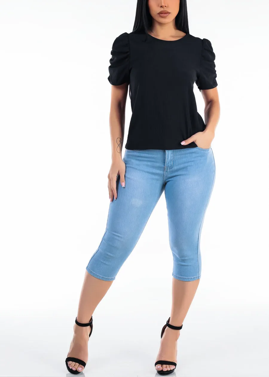 Short Puff Sleeve Round Neck Lightweight Blouse Black sold by Moda product image thumbnail 2