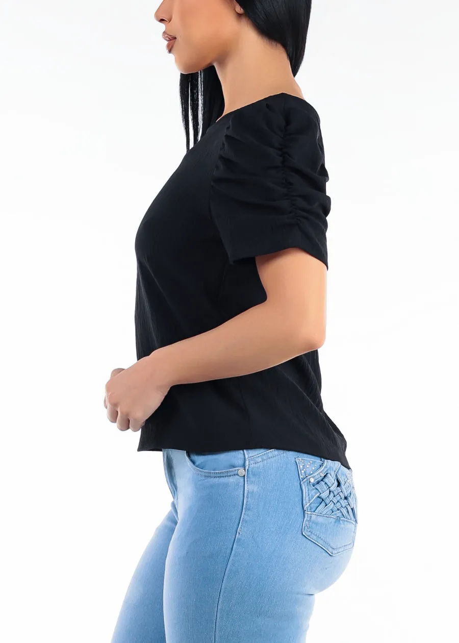 Short Puff Sleeve Round Neck Lightweight Blouse Black sold by Moda product image thumbnail 3