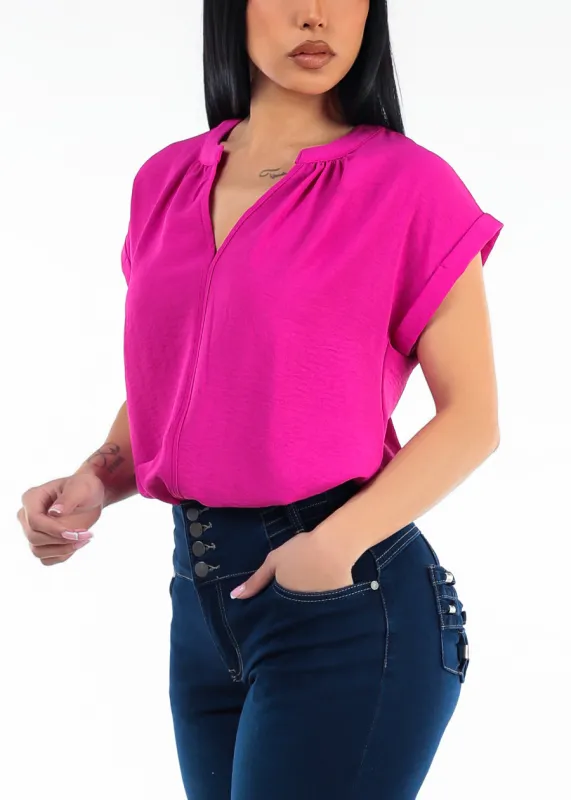 Casual Short Sleeve Vneck Lightweight Blouse Fuchsia made by Moda