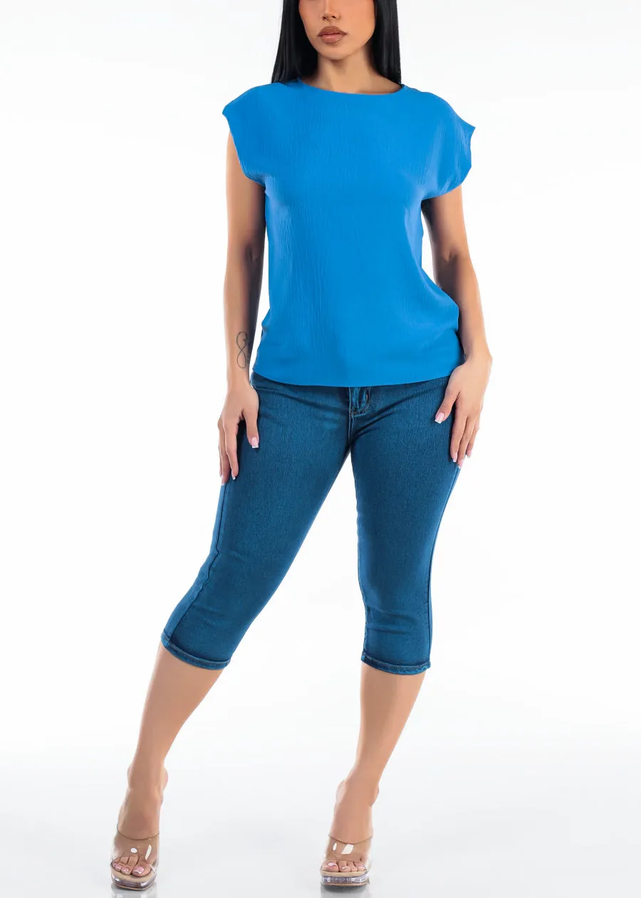 Cap Sleeve Crewneck Lightweight Blouse Blue sold by Moda product image thumbnail 2
