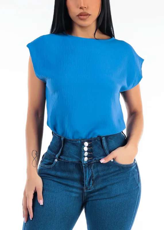 Cap Sleeve Crewneck Lightweight Blouse Blue made by Moda