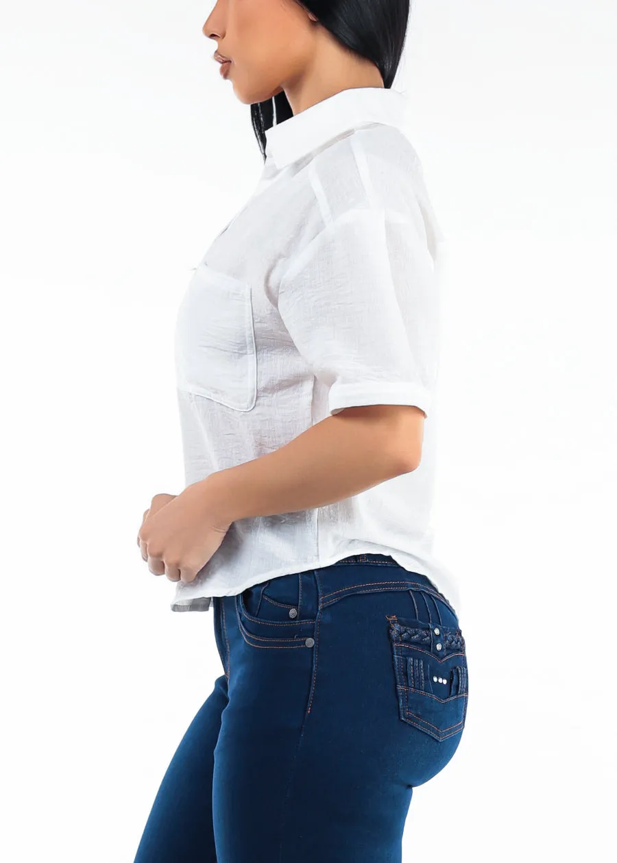 Short Sleeve Button Up Linen Style Blouse Off White sold by Moda product image thumbnail 3
