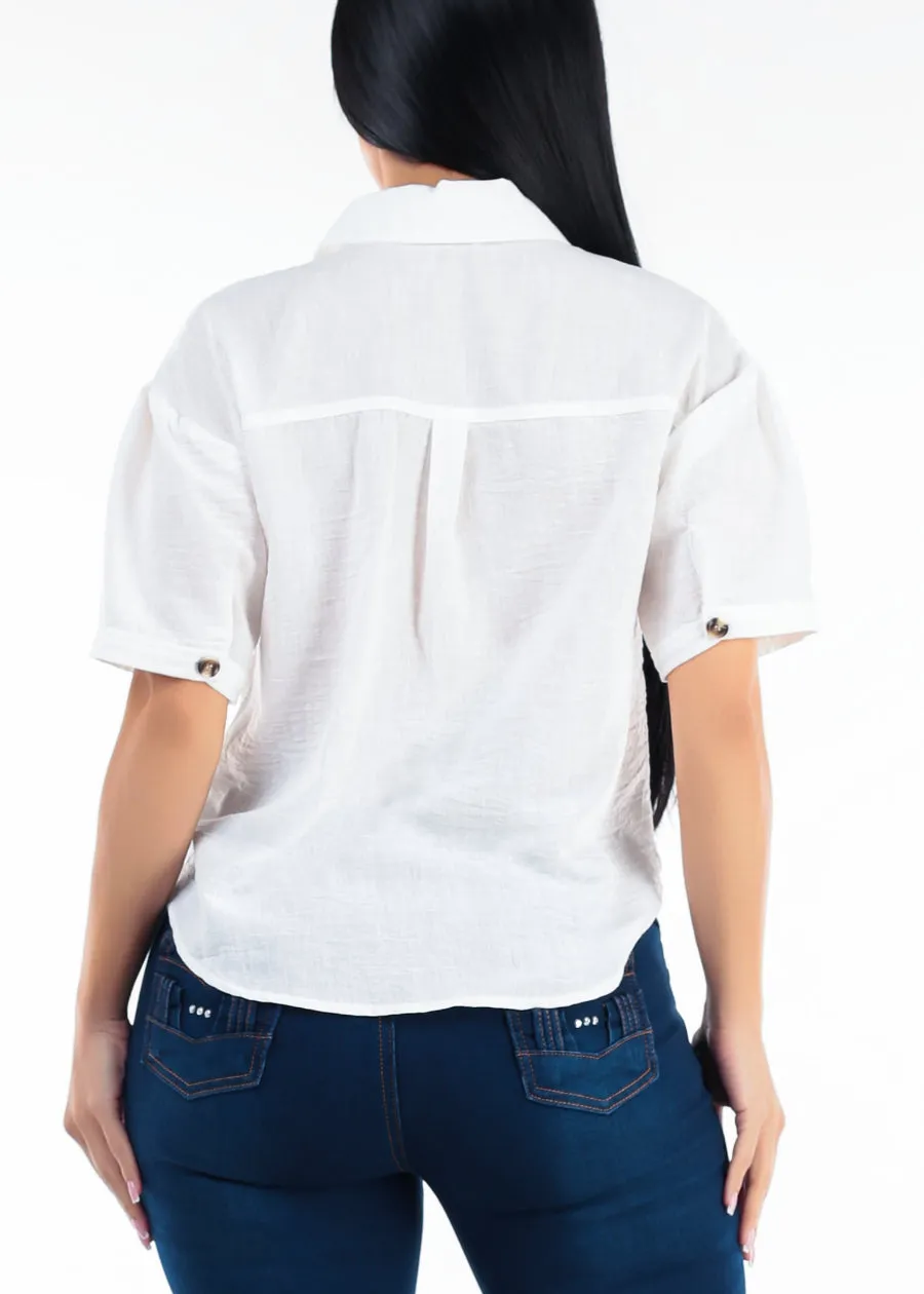 Short Sleeve Button Up Linen Style Blouse Off White sold by Moda product image thumbnail 4