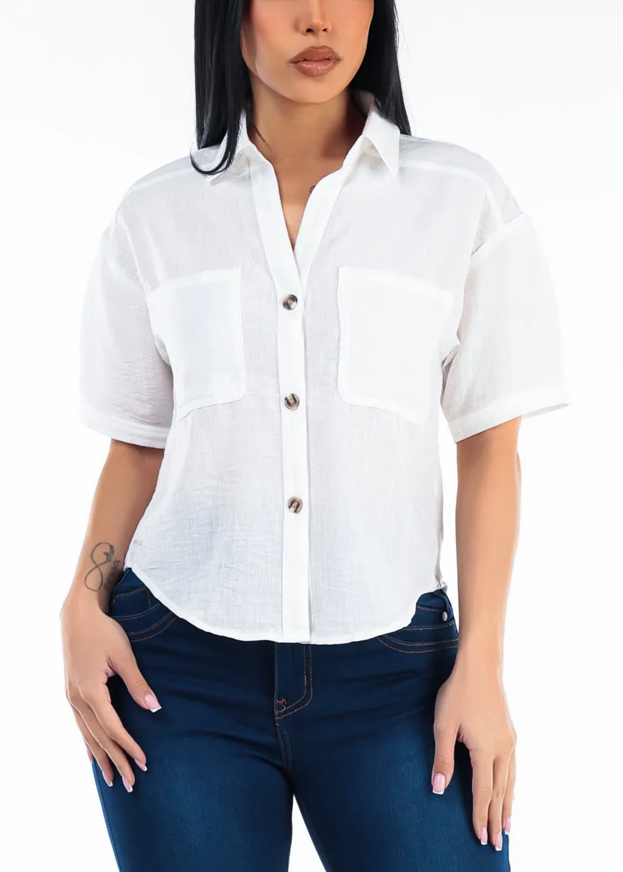 Short Sleeve Button Up Linen Style Blouse Off White sold by Moda