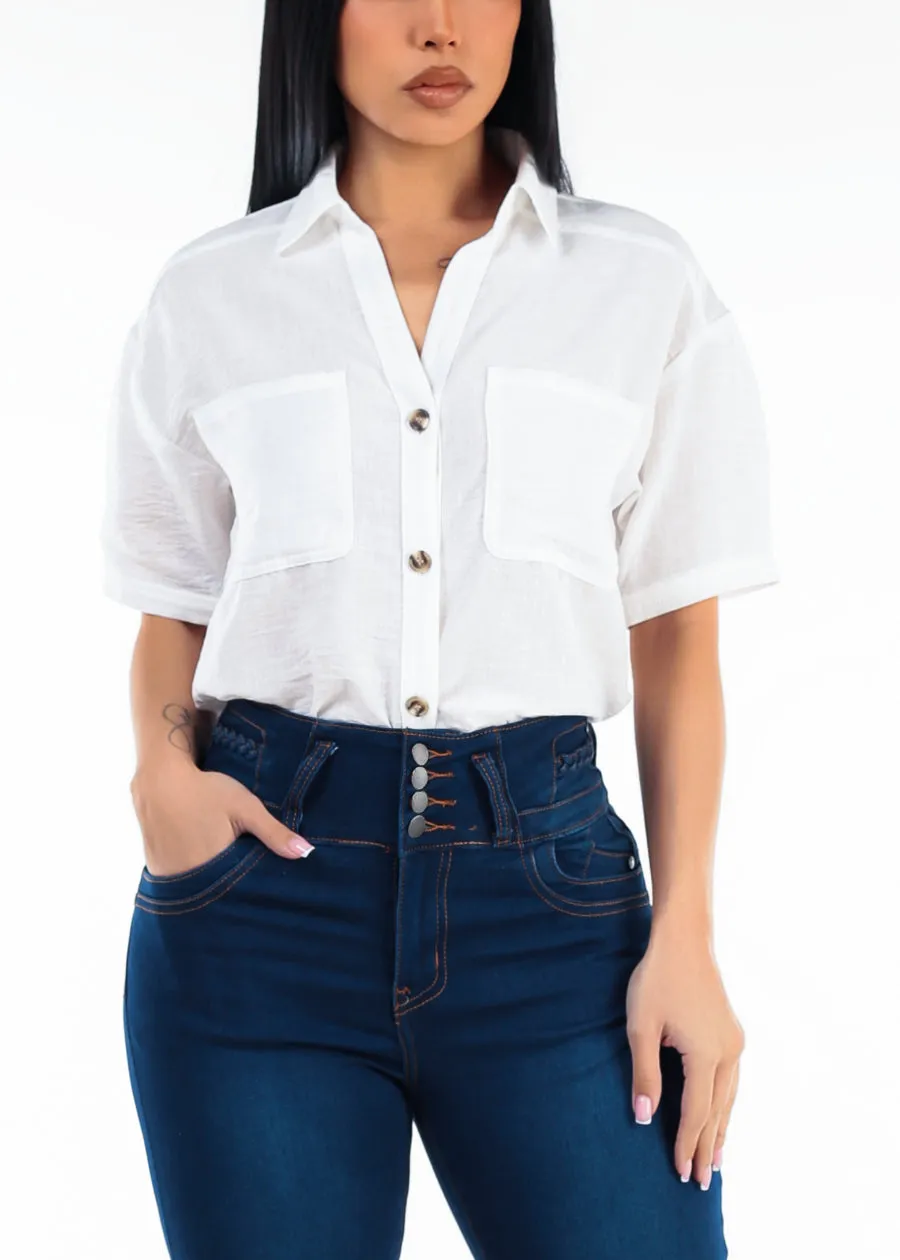 Short Sleeve Button Up Linen Style Blouse Off White sold by Moda product image thumbnail 5