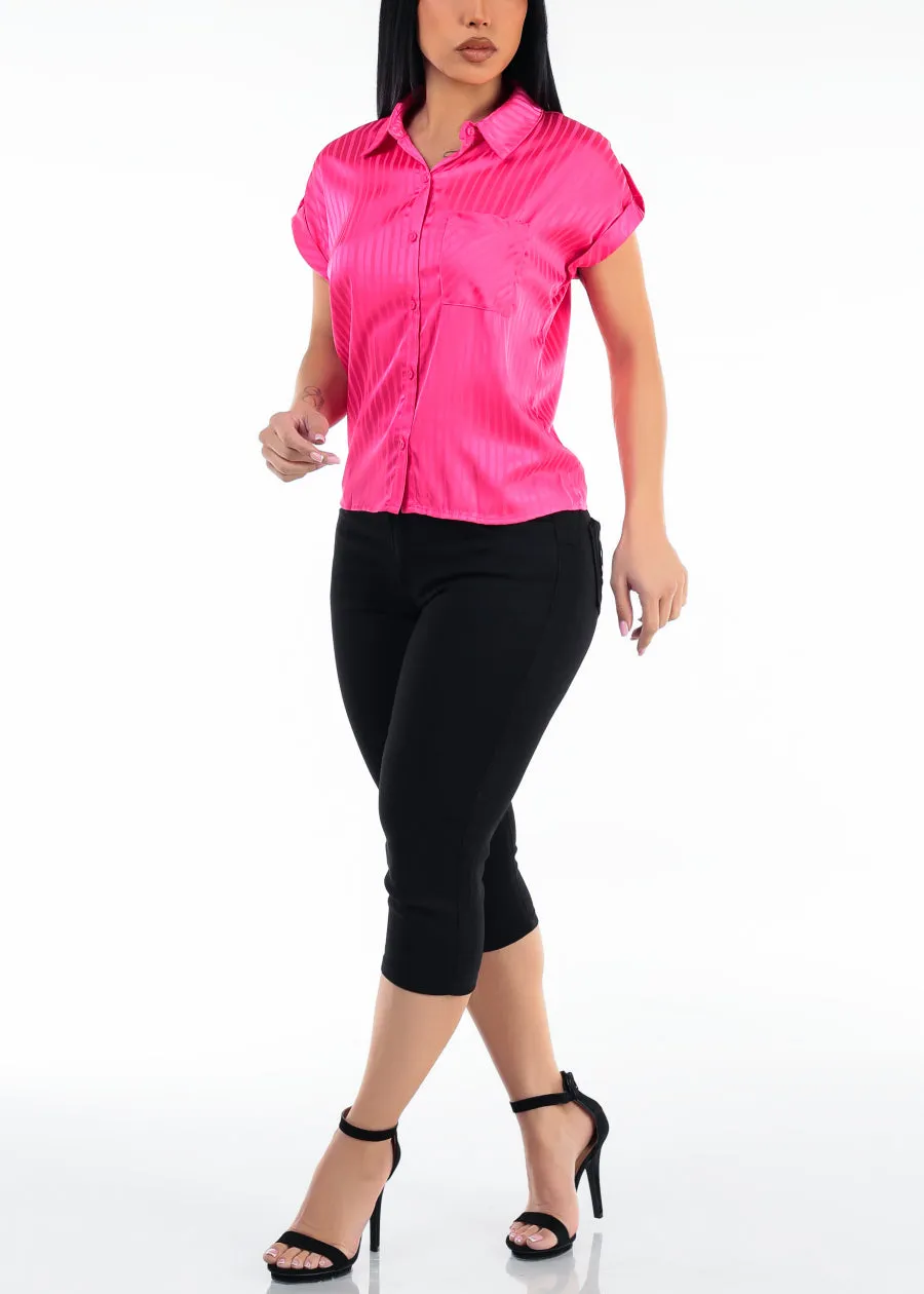 Satin Short Sleeve Stripe Collared Blouse Hot Pink sold by Moda product image thumbnail 2