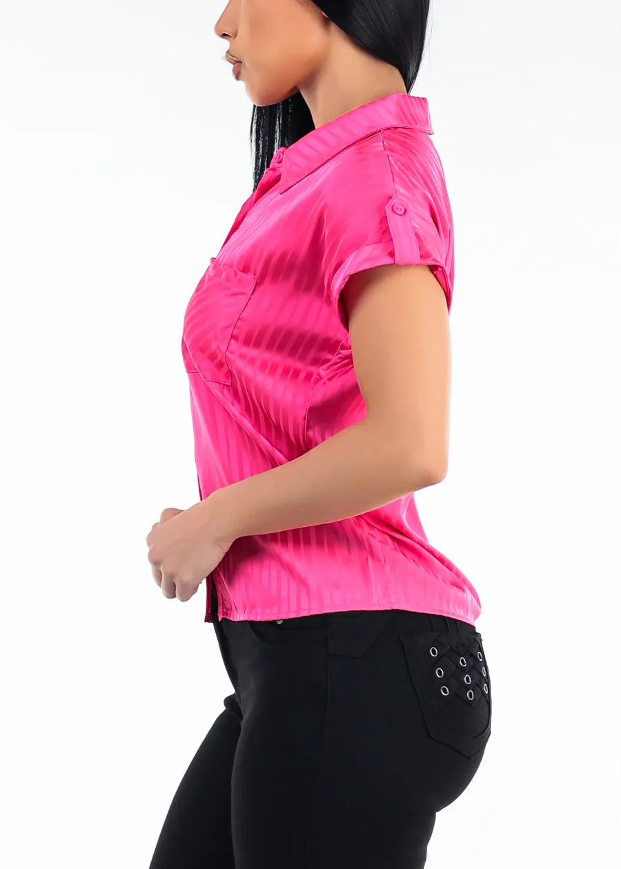 Satin Short Sleeve Stripe Collared Blouse Hot Pink sold by Moda product image thumbnail 3