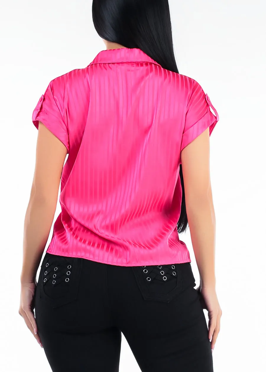 Satin Short Sleeve Stripe Collared Blouse Hot Pink sold by Moda product image thumbnail 4