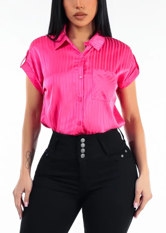 Satin Short Sleeve Stripe Collared Blouse Hot Pink made by Moda