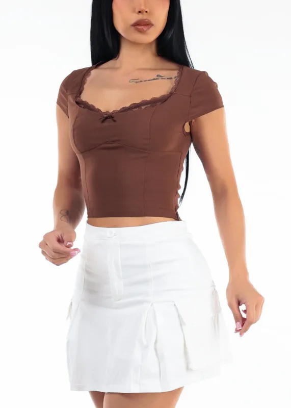 Short Sleeve Sweetheart Neckline Stretch Crop Top Brown w Lace Trim made by iris
